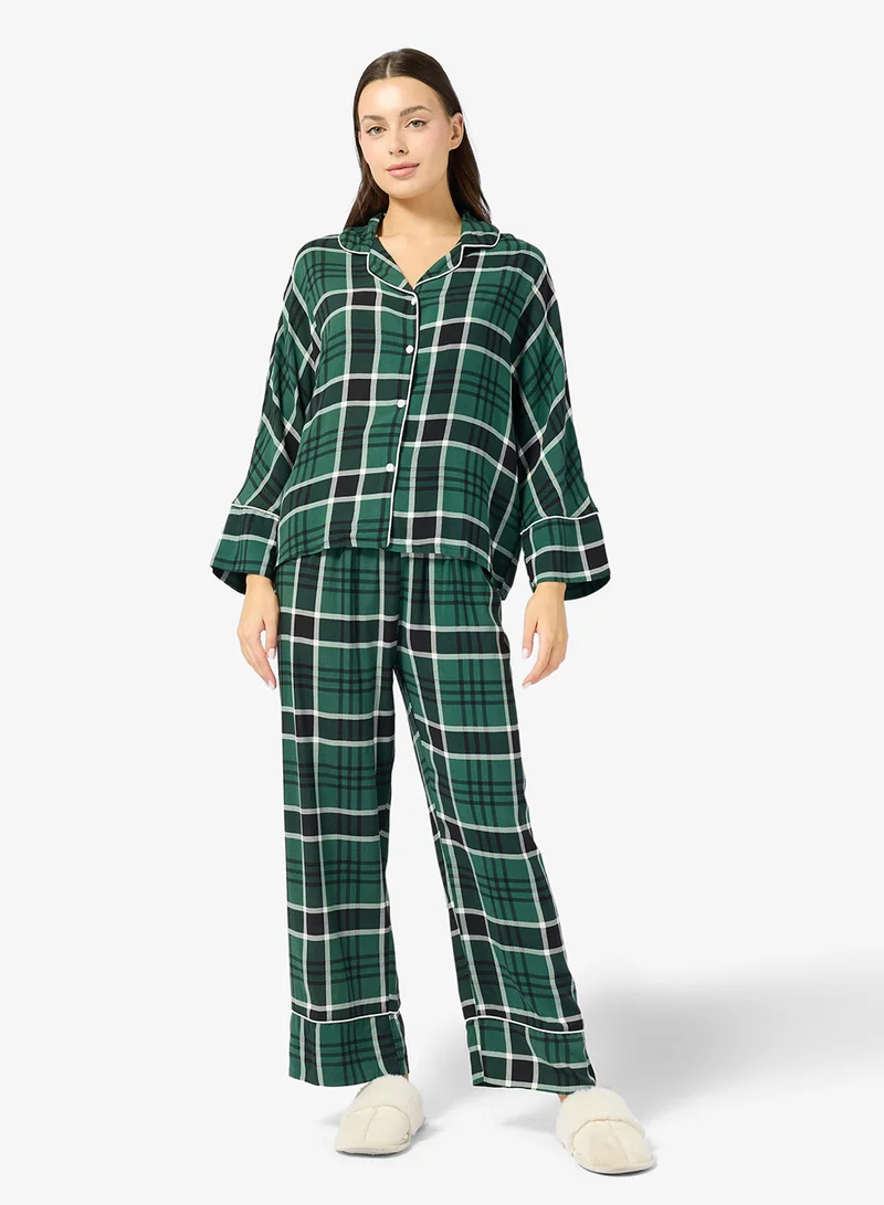 Ginger Checkered Button Up Shirt & Pyjama Set